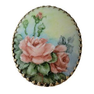 Painted Porcelain Rose Gold Tone Filigree Prong Oval Brooch E497